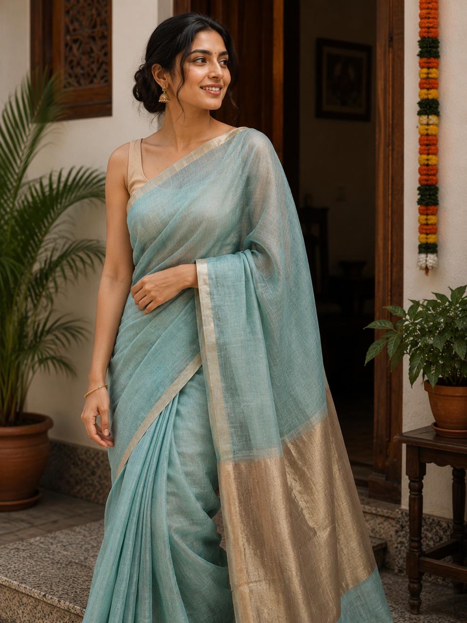 Kanakrekha Silk Linen Saree Blue