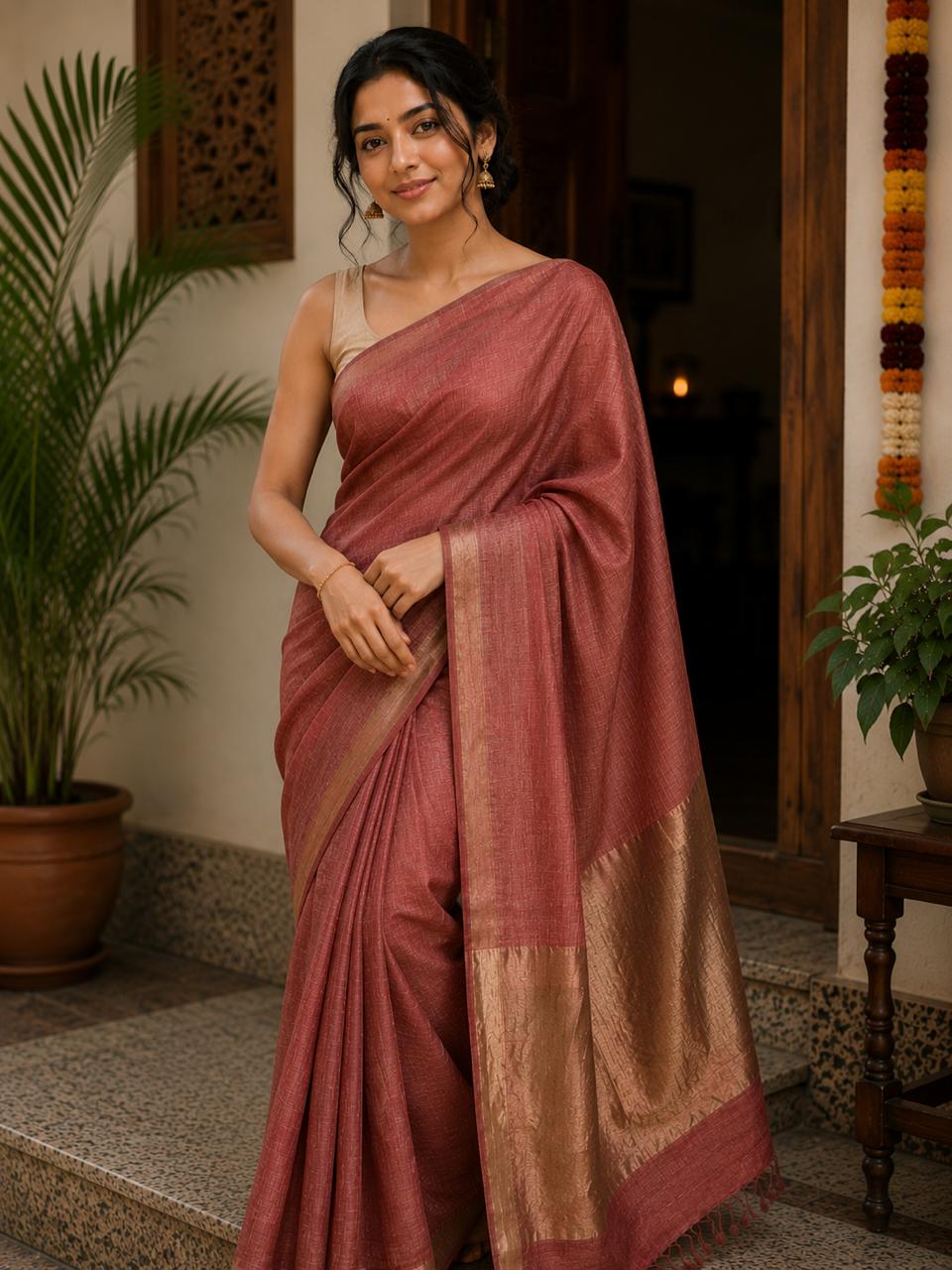 Kanakrekha Silk Linen Saree Brick Red