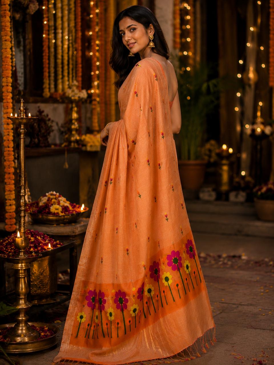 Pushpangan Silk Linen Jamdani Saree Orange