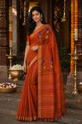Pushpamaala Silk Linen Saree Rust Orange