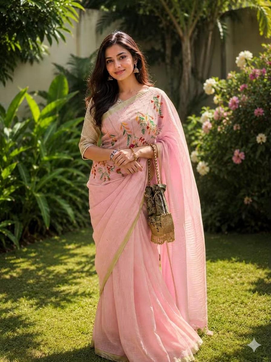 Vanamala Pure Linen Saree Peach