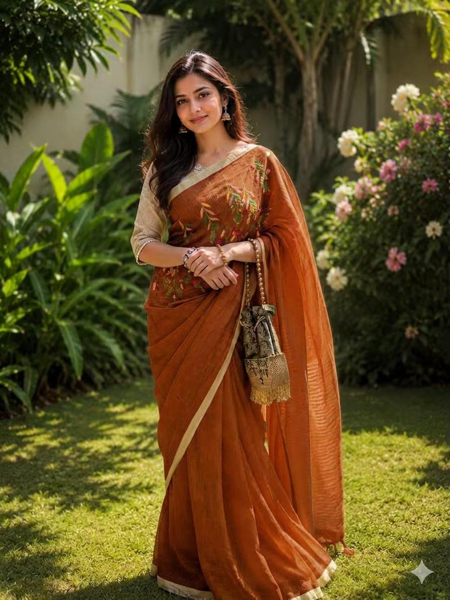 Vanamala Pure Linen Saree Brown