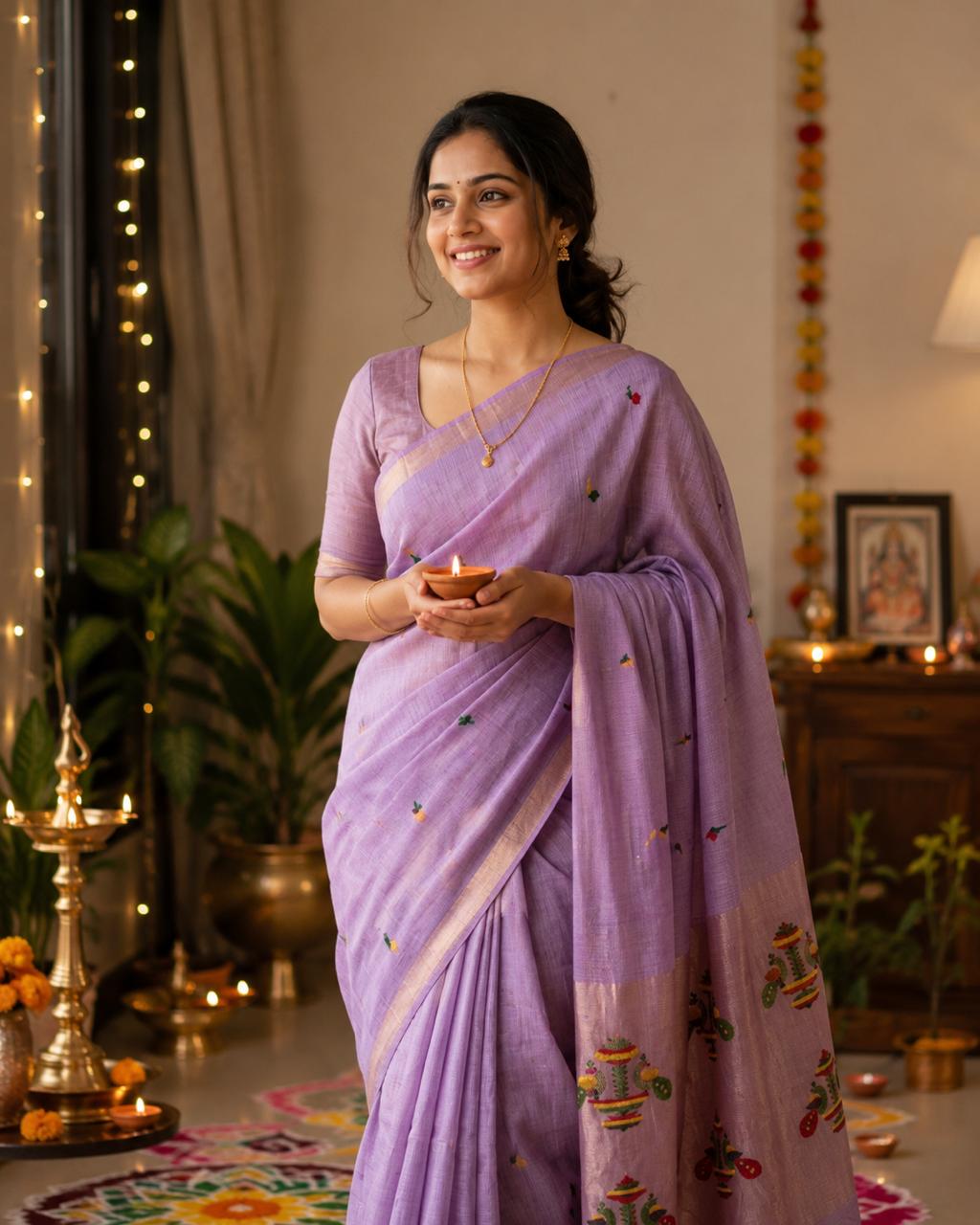 Phoolkalash Silk Linen Jamdani Paithani Saree