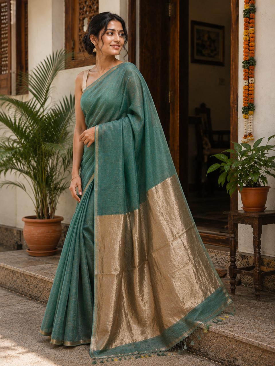 Kanakrekha Silk Linen Saree Green