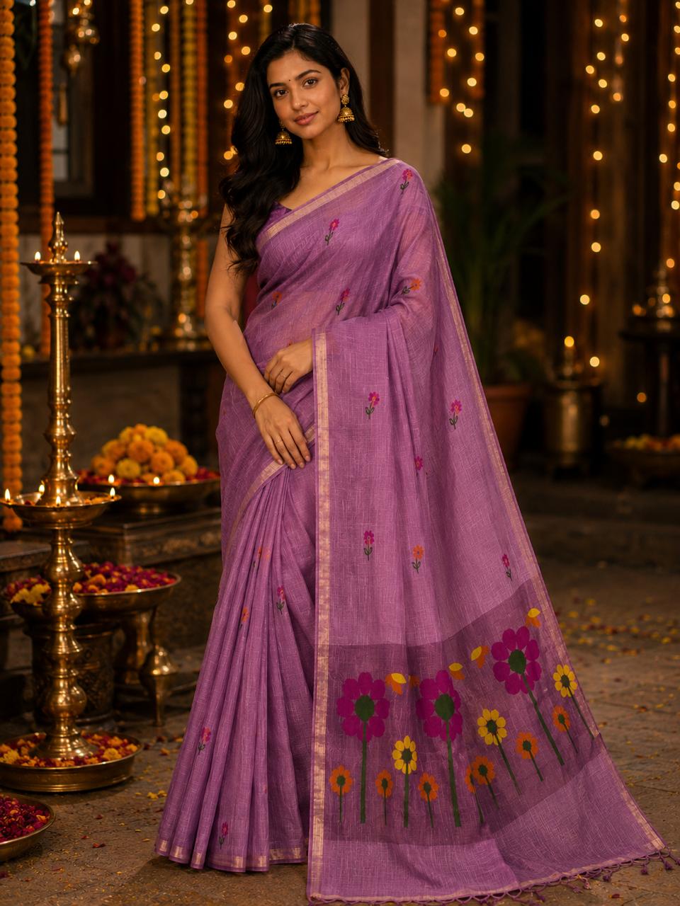 Pushpangan Silk Linen Jamdani Saree Mauve