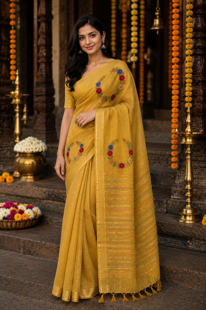 Pushpamaala Silk Linen Saree Yellow