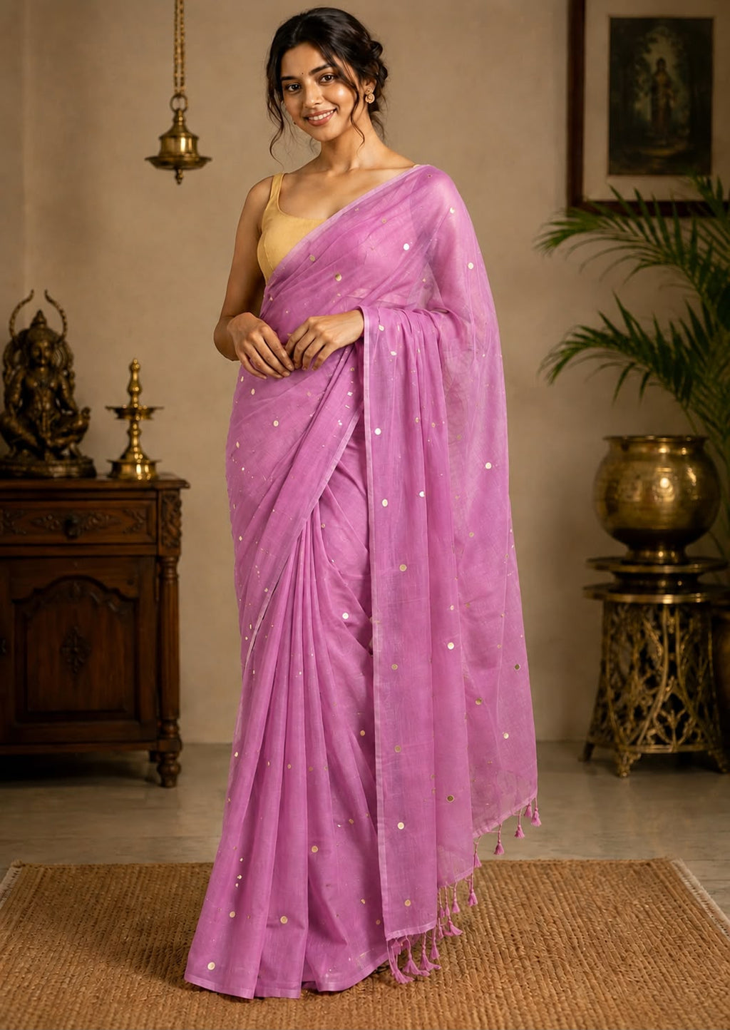 Mul Cotton  Saree with Chumki Pink