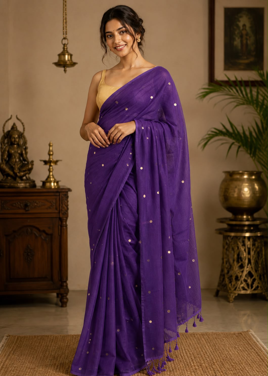 Mul Cotton  Saree with Chumki Work and Tassels