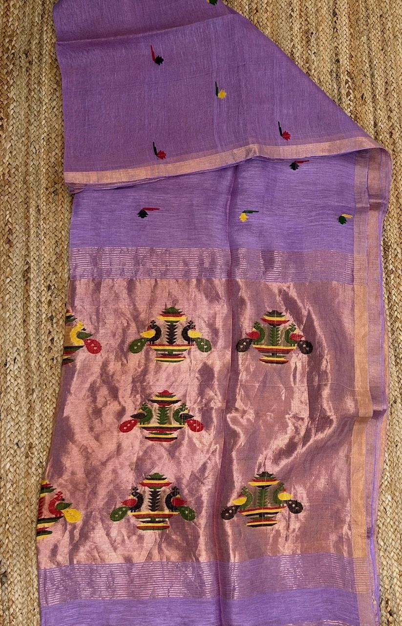 Phoolkalash Silk Linen Jamdani Paithani Saree