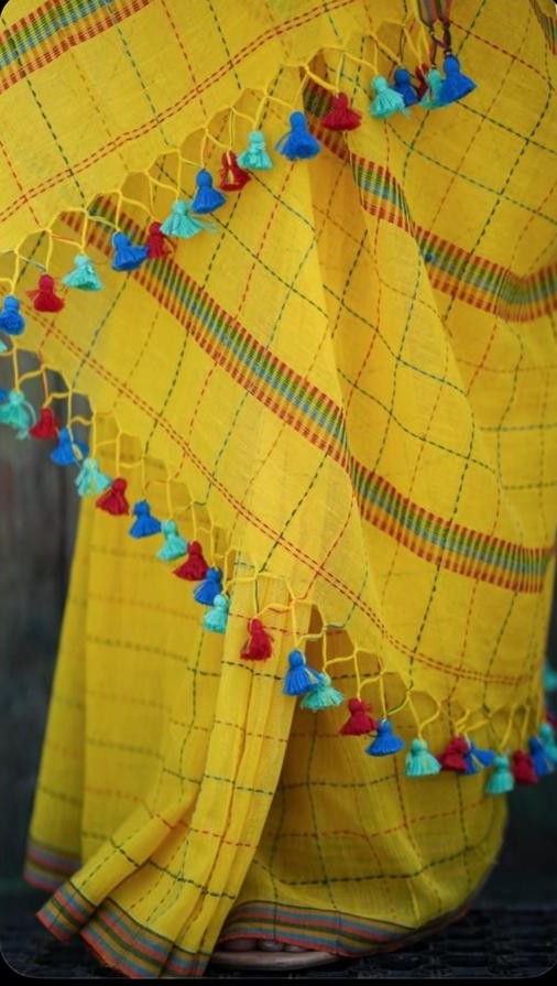 Aarunika Mul Cotton Kantha Embroidery Saree Yellow